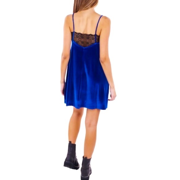 NWOT [Anthropologie] Royal Blue Velvety Spaghetti Strap Dress w/ Lace Size L - Picture 3 of 5